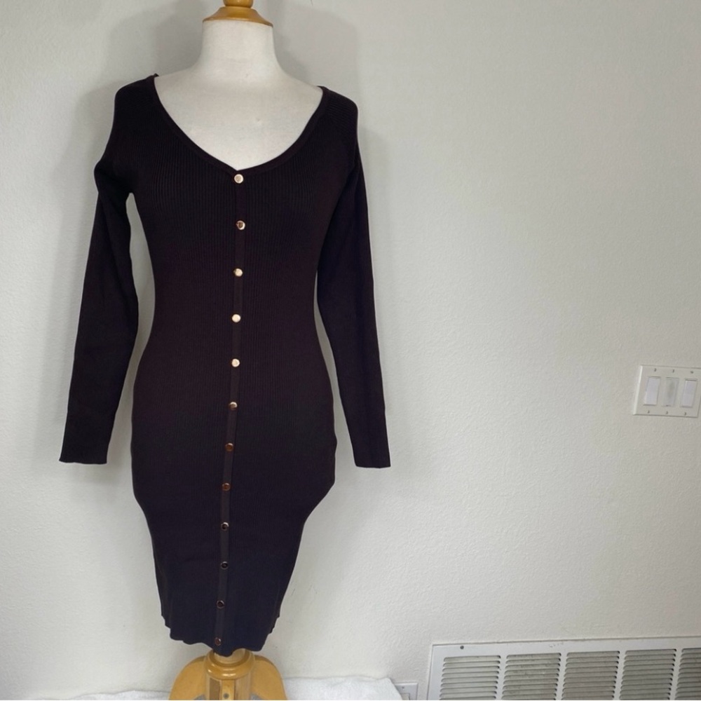 Talent Women's Brown Button Long Sleeve Ribbed Stretch Sweater Dress 1X Classic